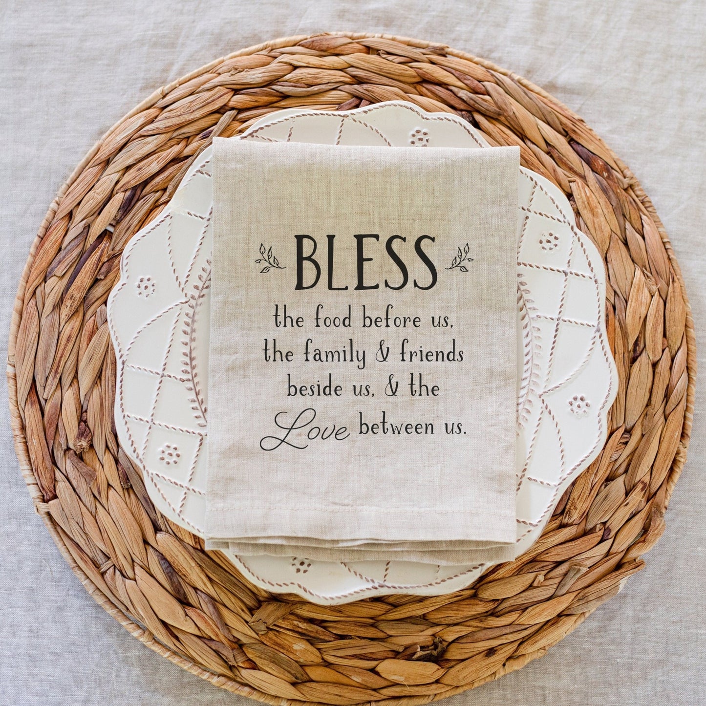 Bless The Food Before Us The Family Beside us And The Love Between Us Linen Napkin Set of 2 | Holiday Table Decor | Thanksgiving Christmas