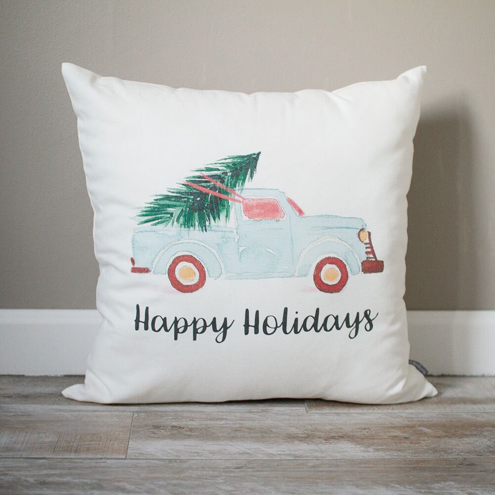 Blue Truck Pillow | Happy Holidays Pillow | Holiday Pillow | Christmas Gift | Rustic Decor | Holiday Decor | Christmas Decor
