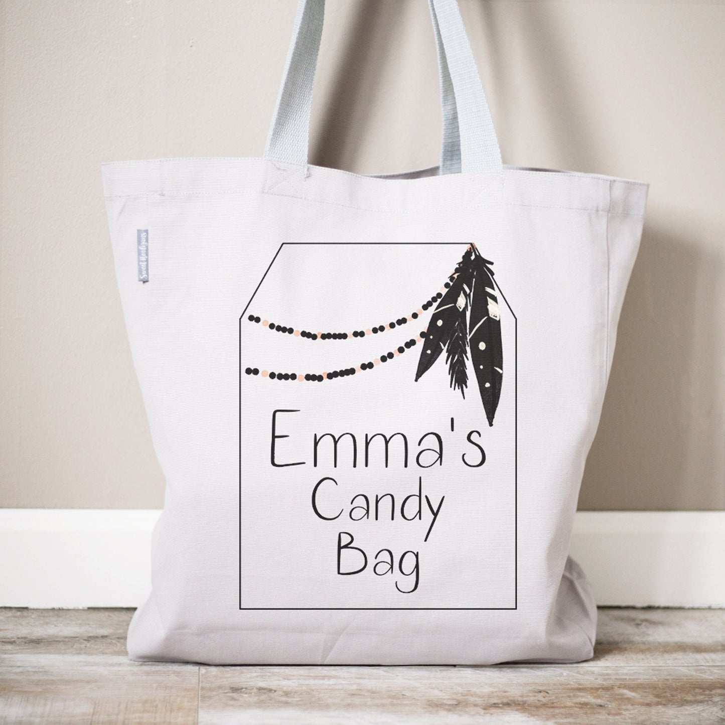 Load image into Gallery viewer, Boho Feathers Personalized Halloween Candy Bag | Trick or Treat Candy Bag | Halloween Party Bag | My First Halloween Trick or Treating Gift

