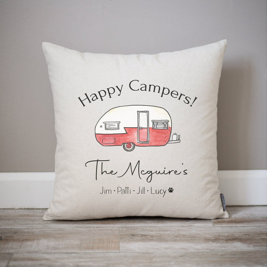 Camper Gift Idea | Happy Campers Personalized Pillow | Customizable Camper Pillow | Family Names and Pet Names RV Trailer Decor | 5th Wheel