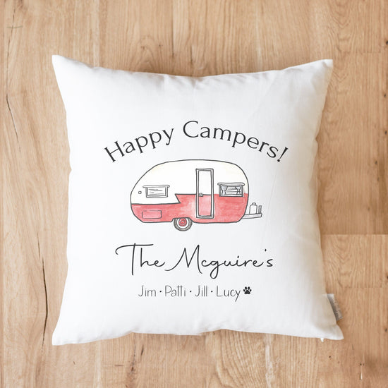 Camper Gift Idea | Happy Campers Personalized Pillow | Customizable Camper Pillow | Family Names and Pet Names RV Trailer Decor | 5th Wheel