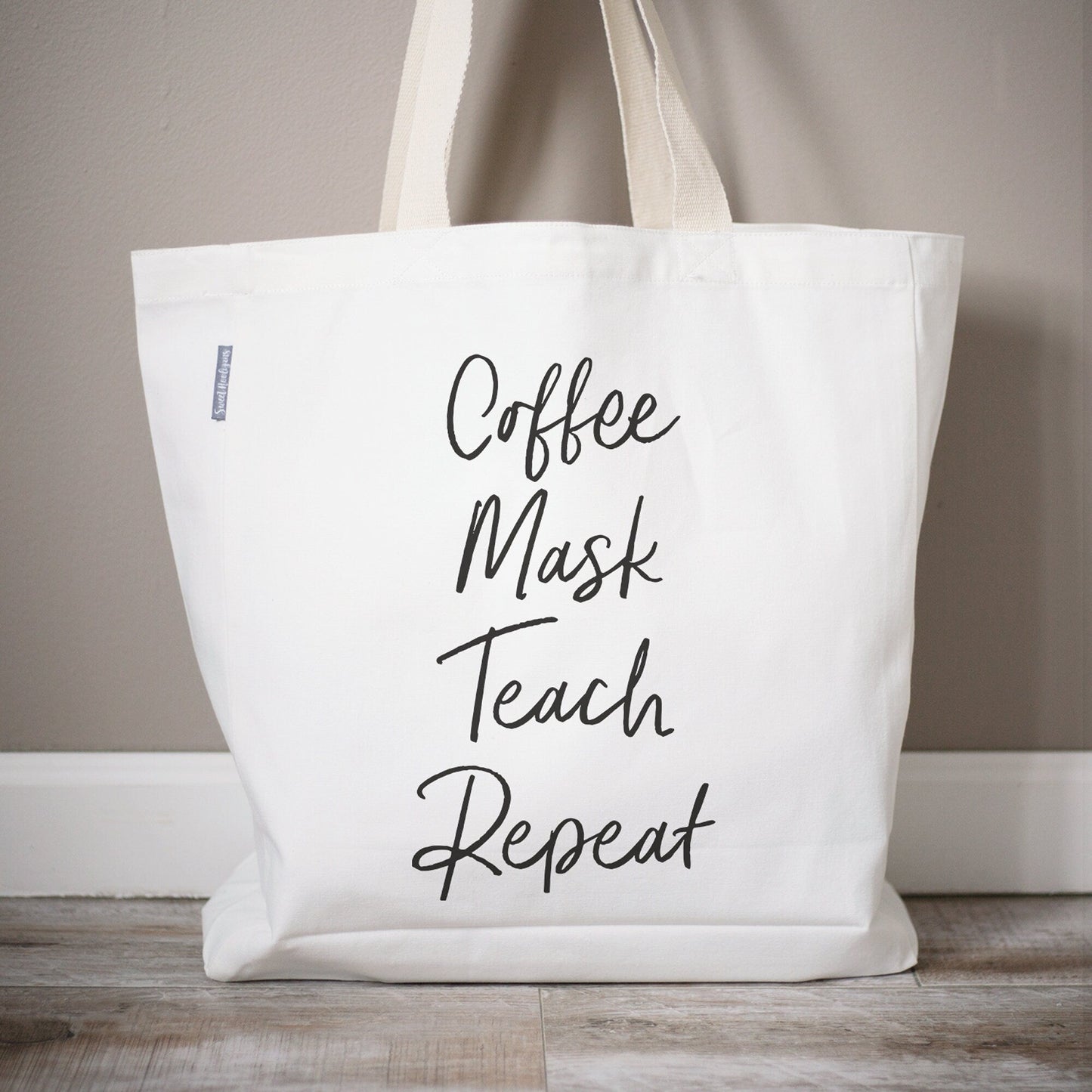 Coffee Mask Teach Repeat Teacher Tote Bag | Teacher Appreciation Gift | Personalized Teacher Canvas Tote Bag | Customized Teacher Gift Bag