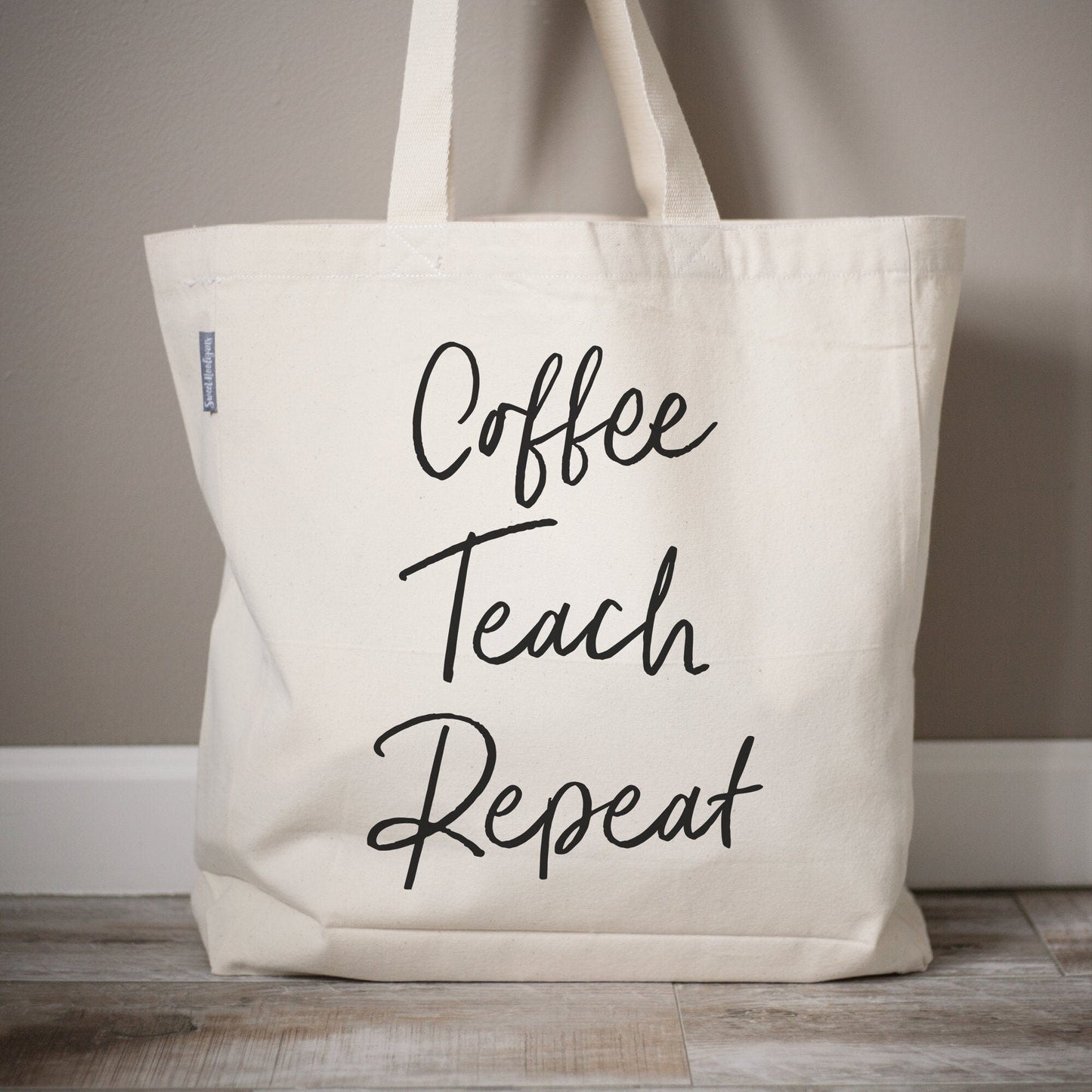 Load image into Gallery viewer, Coffee Teach Repeat Tote Gift Bag Back to School Teacher Gift | Personalized Teacher Best Teacher Tote Bag Gift | Monogrammed Tote Canvas
