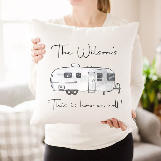 Load image into Gallery viewer, Custom Silver Airstream Camper Pillow | This is How We Roll Vintage Airstream Camping Personalized Pillow | Family RV Decor CamperVan Decor
