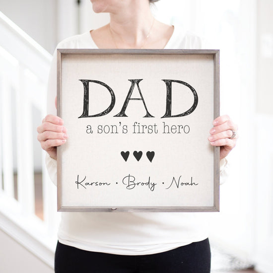 Load image into Gallery viewer, Dad - A Son&amp;#39;s First Hero Custom Wood Sign | Personalized Father&amp;#39;s Day Gift Idea | Dad Of Boys Gift Idea | Father&amp;#39;s Day Gift | Boy Dad Gift
