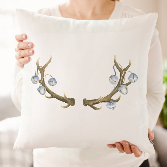 Load image into Gallery viewer, Deer Antler Jingle Bells Christmas Pillow | String of Bells Christmas Decor | Hunter&amp;#39;s Gift | Christmas Decor Gift | Rustic Christmas Pillow
