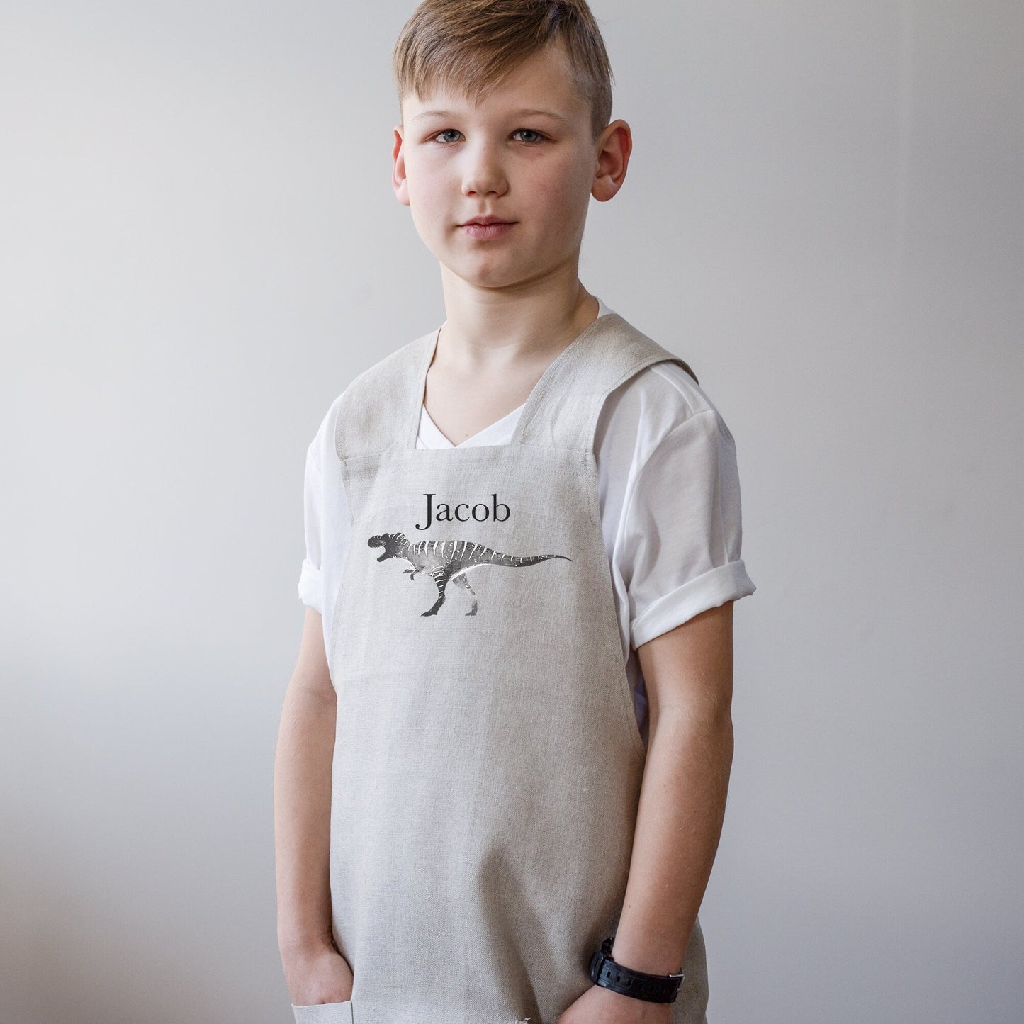 Dinosaur Watercolor Boys Kids Apron |  Kids Dinosaur Apron | Dinosaur Linen Apron |  Kid Craft Apron | Personalized Name Apron for Kids