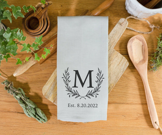 Family Initial Monogrammed Kitchen Tea Towel With Date | Bridal Shower Gift | Housewarming Gift Tea Towel | Personalized Kitchen Tea Towel