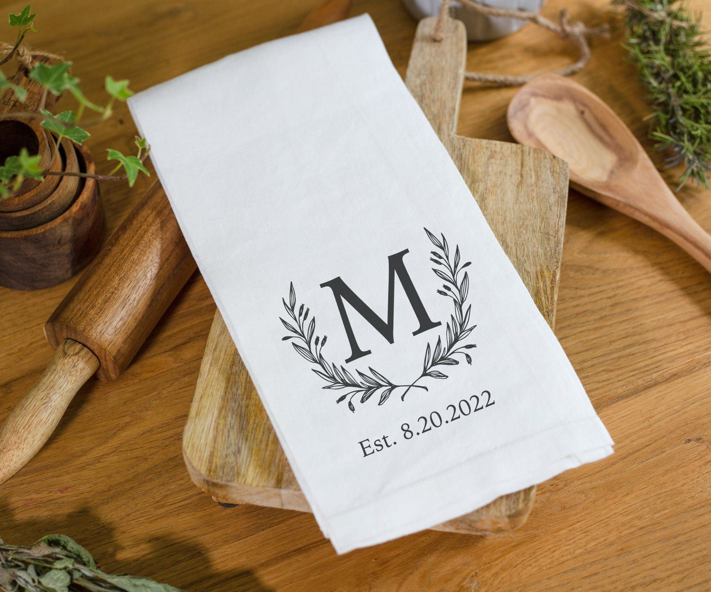 Load image into Gallery viewer, Family Initial Monogrammed Kitchen Tea Towel With Date | Bridal Shower Gift | Housewarming Gift Tea Towel | Personalized Kitchen Tea Towel
