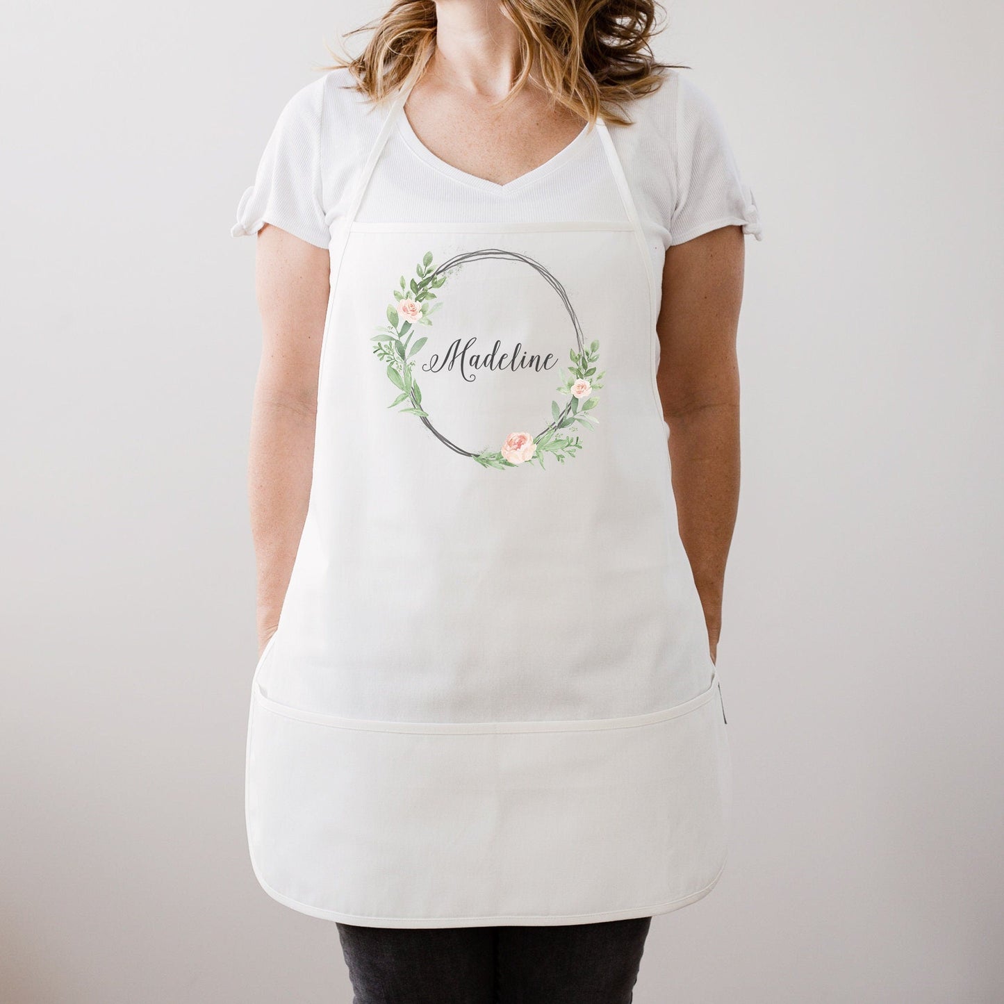 Load image into Gallery viewer, Floral Wreath Personalized Apron | Kitchen Apron | Personalized Bridesmaid Gift | Custom Apron Gift | Bridesmaid Gifts | Bridal Party Gift
