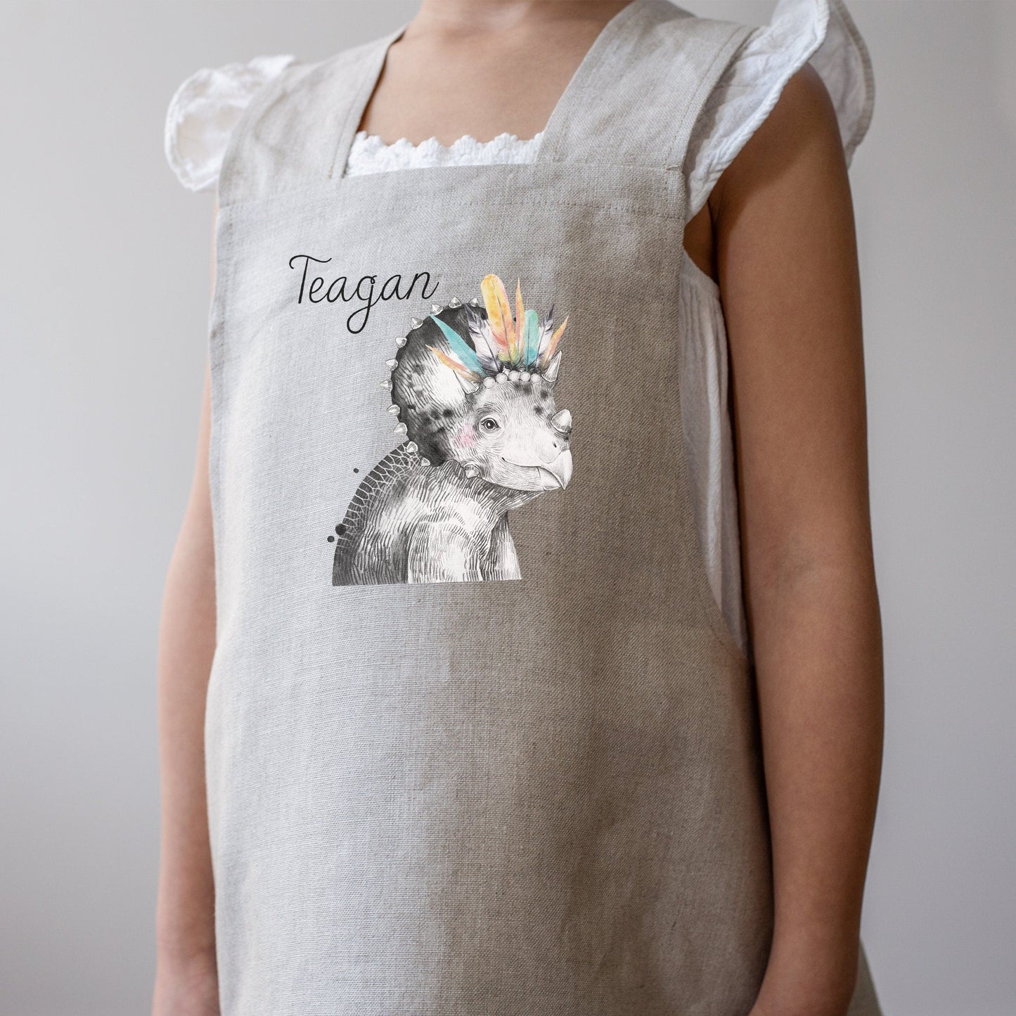 Load image into Gallery viewer, Girls Watercolor Dinosaur Kids Apron |  Kids Dinosaur Apron | Child Apron | Linen Apron | Kid Craft Apron | Personalized Name Apron for Kids
