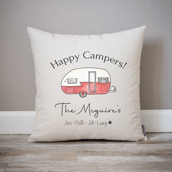 Load image into Gallery viewer, Happy Campers Personalized Pillow | Camper Gift Idea | Customizable Camper Pillow | Family Names and Pet Names RV Trailer Decor | 5th Wheel
