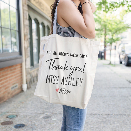 Load image into Gallery viewer, Hero Teacher Tote Gift Bag Teacher Gift | Personalized Teacher Hero Thank You Teacher Name Tote Bag Gift | Monogrammed Tote Canvas | Teacher
