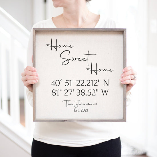 Home Sweet Home Latitude and Longitude Framed Linen Print | Personalized Wedding Gift | GPS Coordinates | Housewarming Gift for Couple