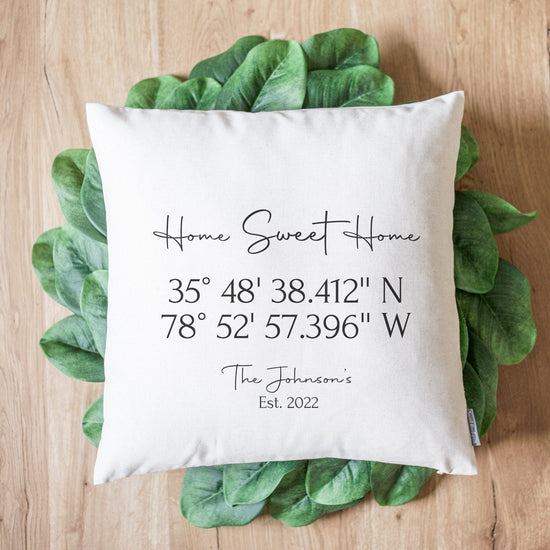 Home Sweet Home Pillow Gift | New Home Housewarming Gift | New Couple Gift Latitude Longitude Pillow | GPS Coordinates Lat Long Pillow Gift