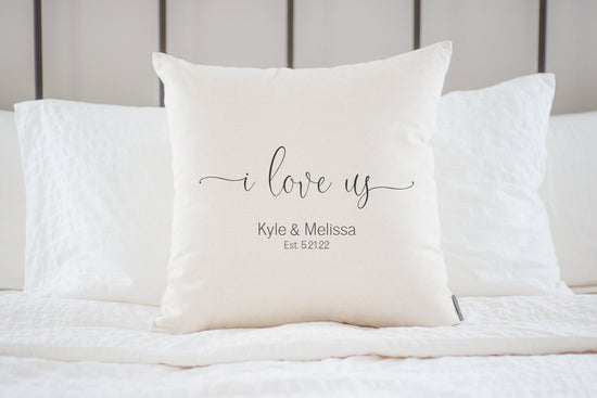 Load image into Gallery viewer, I Love Us Names and Date Pillow Engagement Gift | Wedding Gift for Bride Gifts for Couple | Personalized Pillow Personalized Wedding Gift
