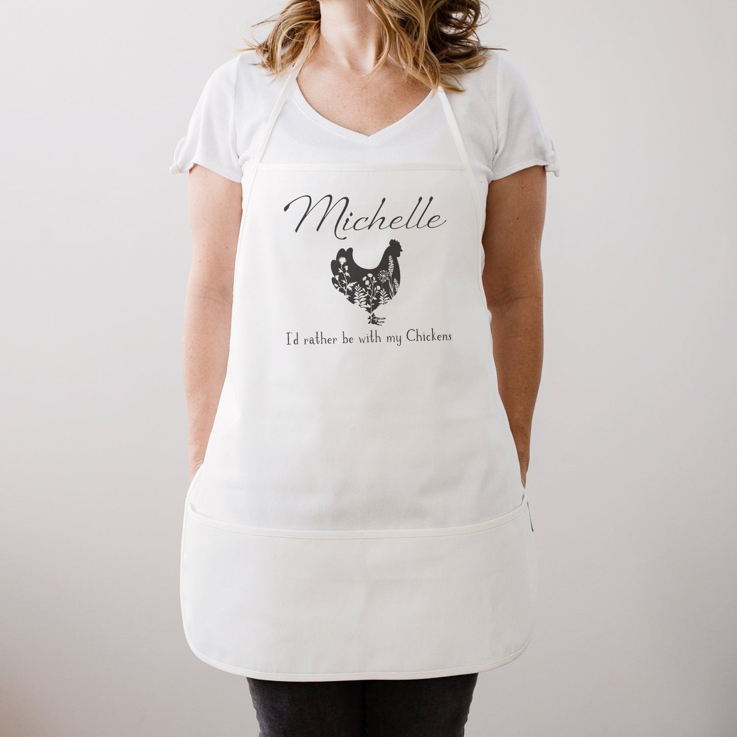 Load image into Gallery viewer, I&amp;#39;d Rather Be With My Chickens Personalized Kitchen Apron | Chicken Lover Gift Idea | Chicken Egg Gathering Apron | Farmhouse Cotton Apron

