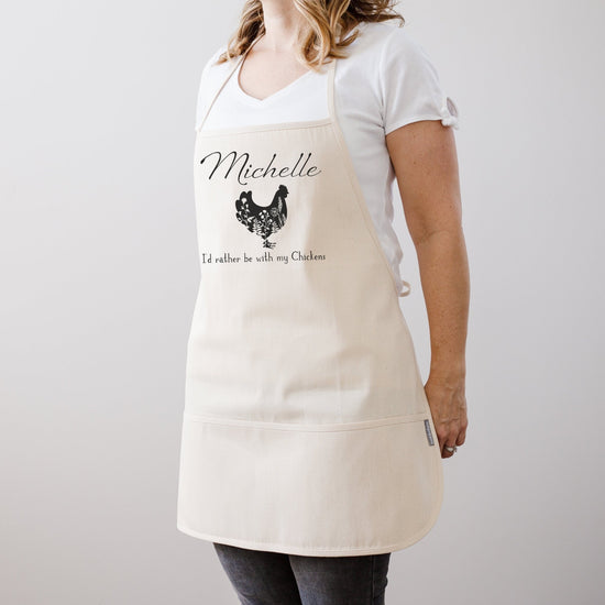 Load image into Gallery viewer, I&amp;#39;d Rather Be With My Chickens Personalized Kitchen Apron | Chicken Lover Gift Idea | Chicken Egg Gathering Apron | Farmhouse Cotton Apron
