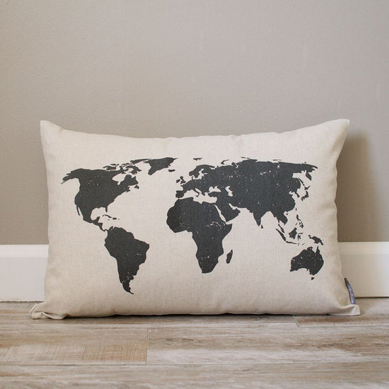 Load image into Gallery viewer, World Map Pillow | Rustic Pillow  | Decorative Pillows | Monogrammed Gift | Rustic Home Decor | Home Decor | Housewarming Gift
