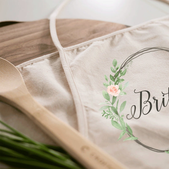 Load image into Gallery viewer, Watercolor Floral Wreath Personalized Kitchen Apron | Kitchen Apron | Custom Apron | Full Kitchen Apron | Custom Monogram Apron | Aprons
