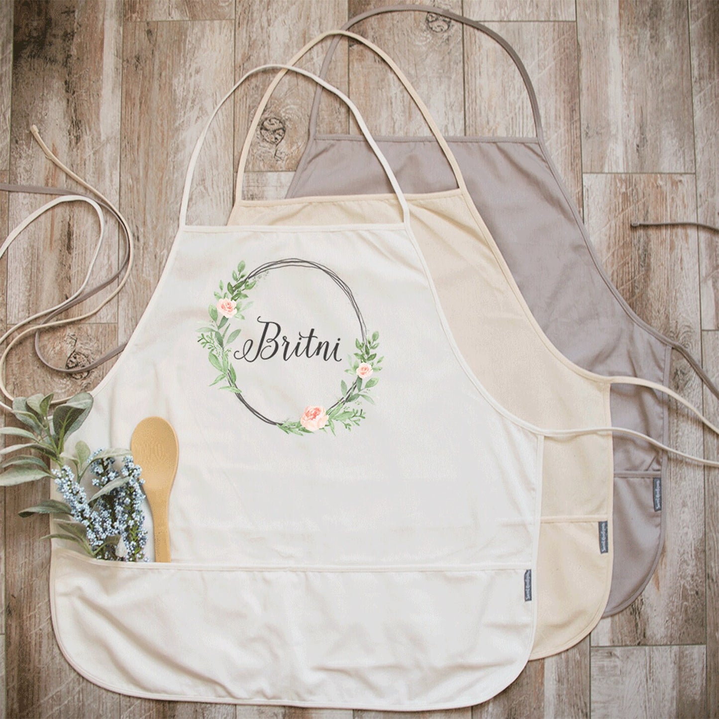 Load image into Gallery viewer, Watercolor Floral Wreath Personalized Kitchen Apron | Kitchen Apron | Custom Apron | Full Kitchen Apron | Custom Monogram Apron | Aprons
