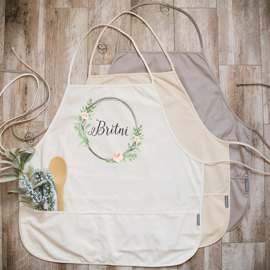 Watercolor Floral Wreath Personalized Kitchen Apron | Kitchen Apron | Custom Apron | Full Kitchen Apron | Custom Monogram Apron | Aprons