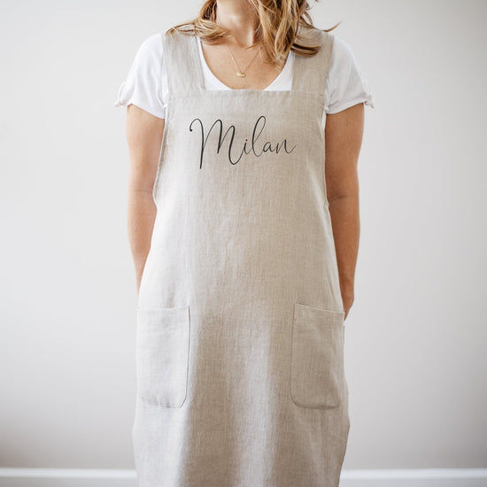 Load image into Gallery viewer, Personalized Linen Apron | Kitchen Apron | Pinafore Apron | Full Kitchen Apron | Custom Monogram Apron | 100% Linen Full Apron | No Ties
