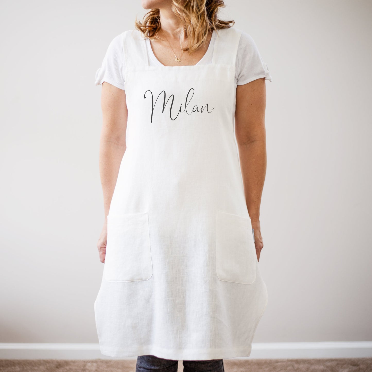 Load image into Gallery viewer, Personalized Linen Apron | Kitchen Apron | Pinafore Apron | Full Kitchen Apron | Custom Monogram Apron | 100% Linen Full Apron | No Ties
