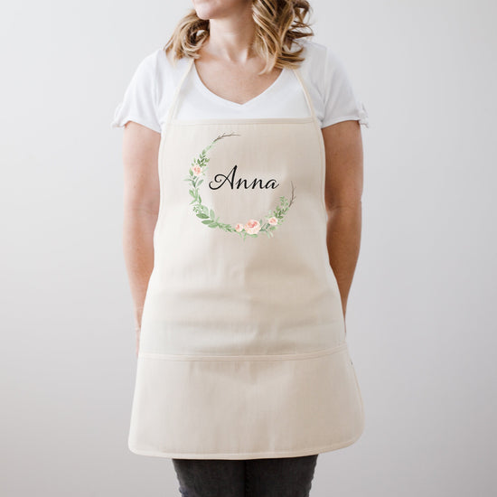 Watercolor Floral Personalized Apron | Custom Kitchen Apron | Blush Flower Wreath Apron | Custom Monogram Apron | Cotton Canvas Full Apron