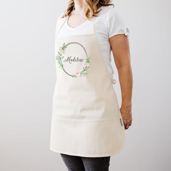 Watercolor Floral Wreath Personalized Kitchen Apron | Kitchen Apron | Custom Apron | Full Kitchen Apron | Custom Monogram Apron | Aprons