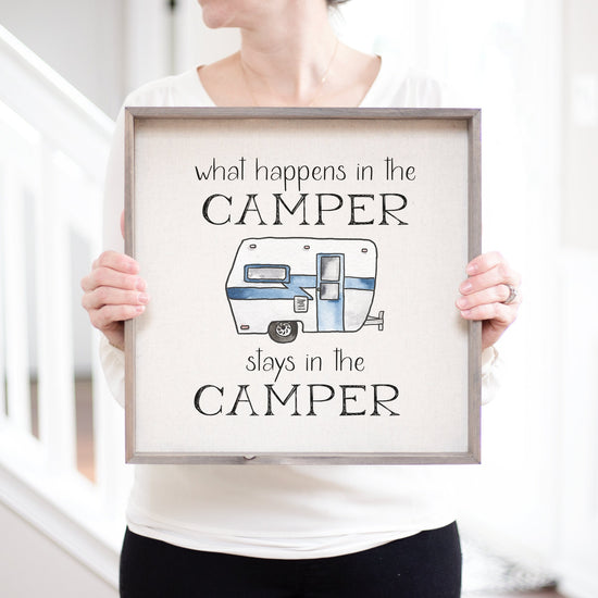 Load image into Gallery viewer, What Happens In The Camper Stays In The Camper Sign | RV Gift Ideas | Personalized 5th Wheel Camper Sign RV Decor Gift | Campsite Decor
