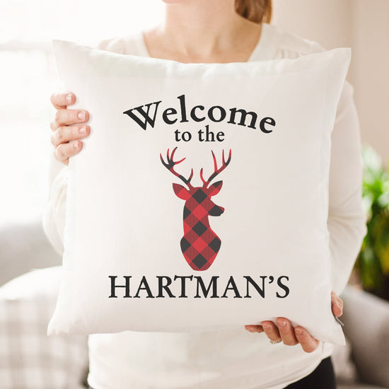 Load image into Gallery viewer, Welcome Family Name Personalized Pillow | Woodland Decor | Christmas Pillow | Holiday Pillow | Christmas Gift | Rustic Decor | Holiday Decor
