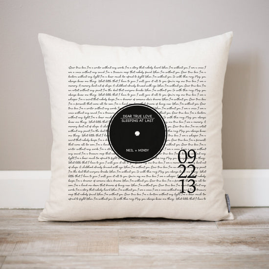 Load image into Gallery viewer, Vinyl Record Song Lyric Pillow | Valentines Day Gift 1st Anniversary Gift | Personalized Vinyl Record Custom Print Song Lyric First Dance
