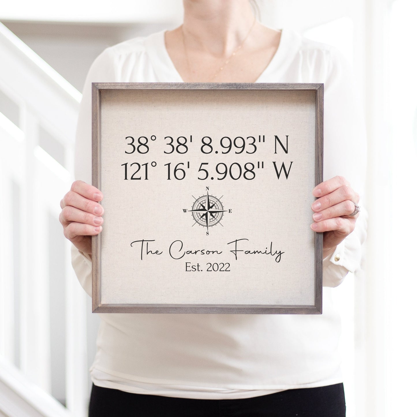 Load image into Gallery viewer, Latitude and Longitude Compass Framed Linen Print | Personalized Wedding Gift | GPS Coordinates | HostessGift | Housewarming Gift for Couple
