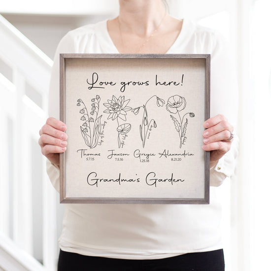 Grandma's Garden Love Grows Here Wood Sign | Birth Month Flowers | Gift For Mom | Grandparent's Gift | Birthday Gift | Housewarming Gift
