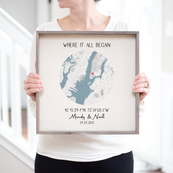 Load image into Gallery viewer, Where It All Began | Where We Met Map Anniversary Gift | Heart Map Our Story First Date Gift | The Night We Met Our First Date Memory Heart
