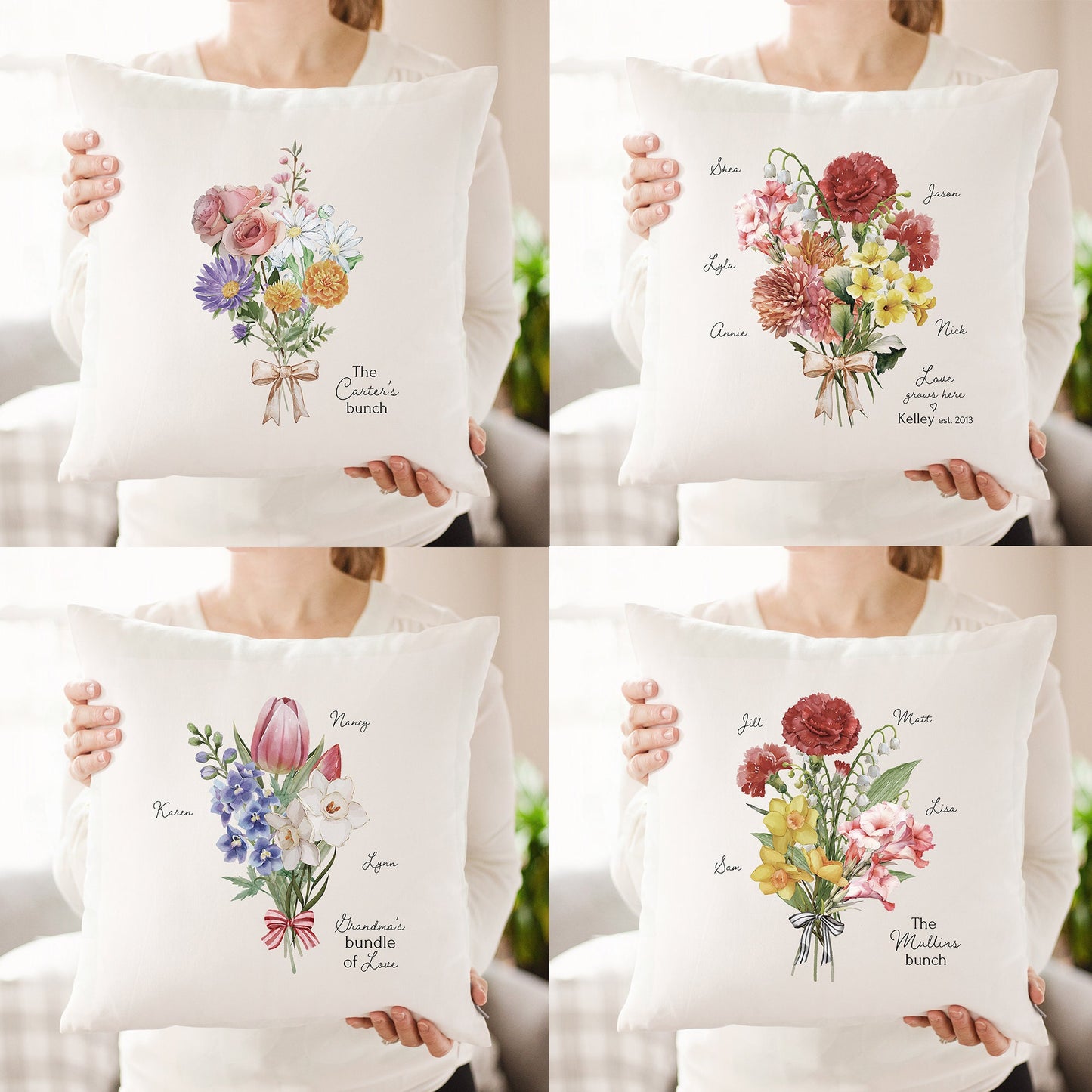 Personalized Mother's Day Gift for Mom or Grandma | Personalized Garden Pillow Birth Month Flower Bouquet Art | Custom Mother's Day Gift