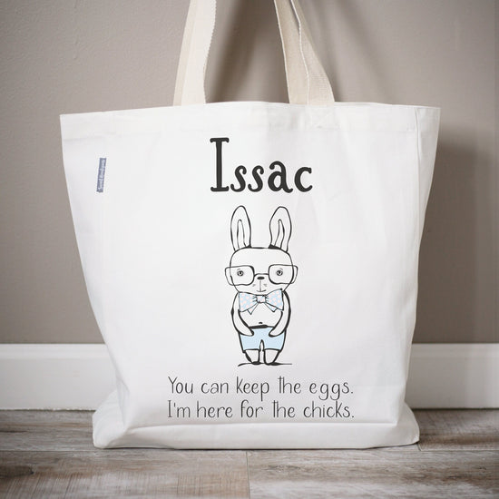 Load image into Gallery viewer, I&amp;#39;m Here For The Chicks Easter Bag | Personalized Easter Egg Hunt Basket | Easter Basket Filler | Easter Egg Hunt Basket | Little Boy Bunny
