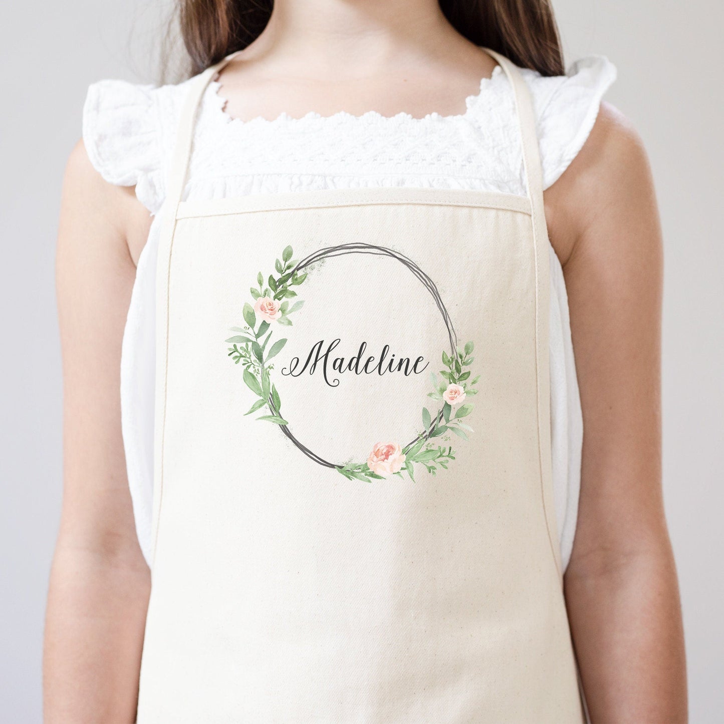Kids Floral Wreath Apron | Youth Kids Apron | Child Apron | Full Kids Apron | Kid Craft Apron | Kid Apron | Personalized Name Apron for Kids
