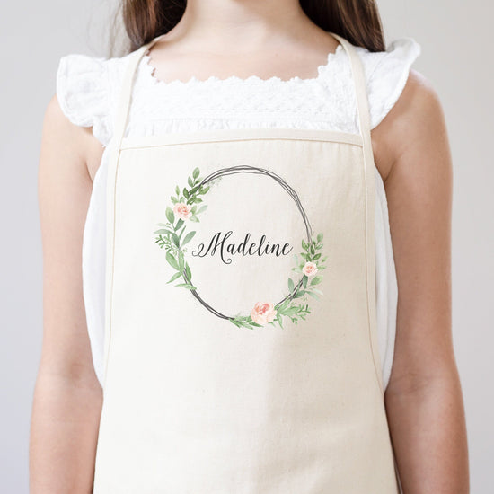 Load image into Gallery viewer, Kids Floral Wreath Apron | Youth Kids Floral Apron | Full Kids Floral Apron | Kid Craft Apron | Kid Apron | Personalized Name Apron for Kids
