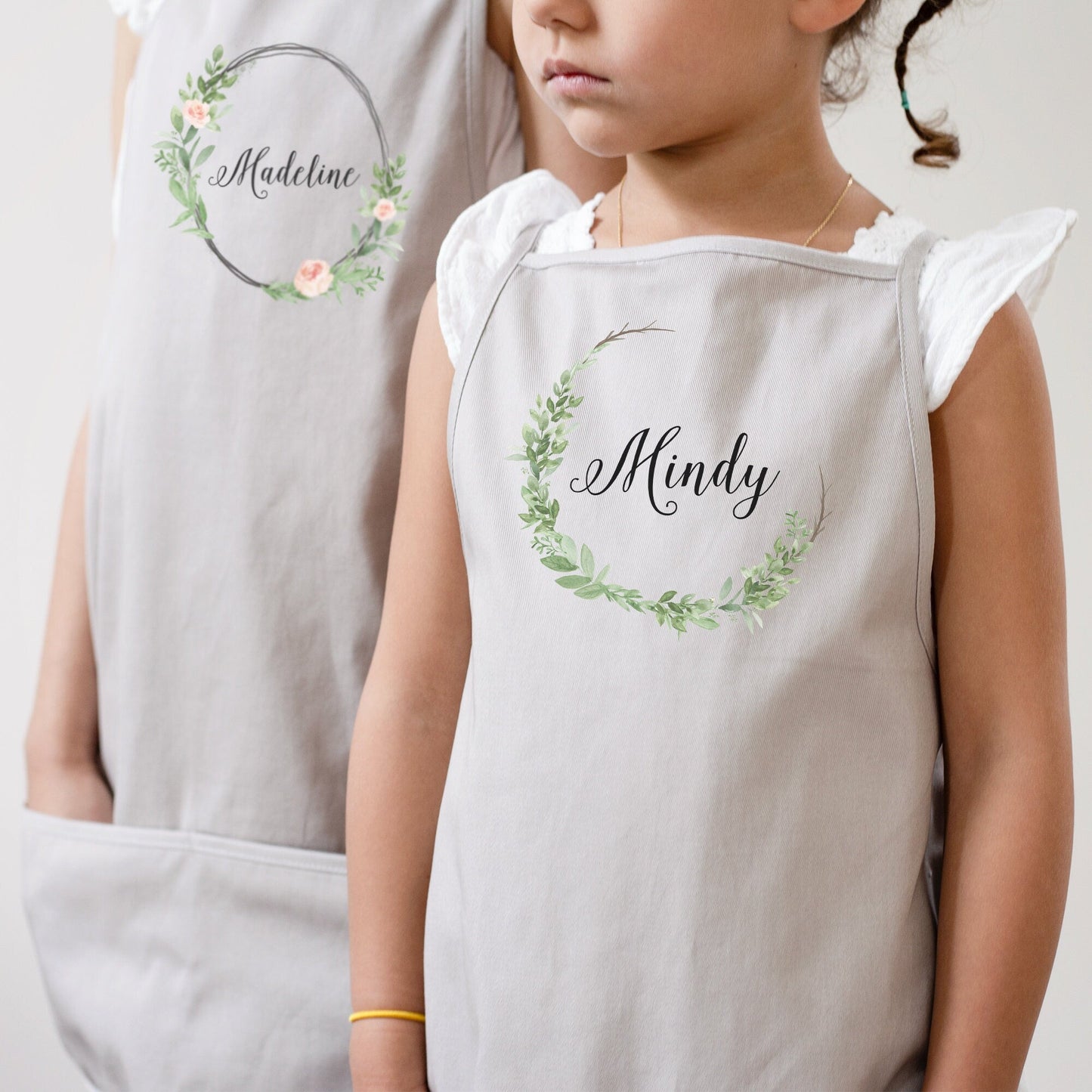Load image into Gallery viewer, Kids Floral Wreath Apron | Youth Kids Floral Apron | Full Kids Floral Apron | Kid Craft Apron | Kid Apron | Personalized Name Apron for Kids
