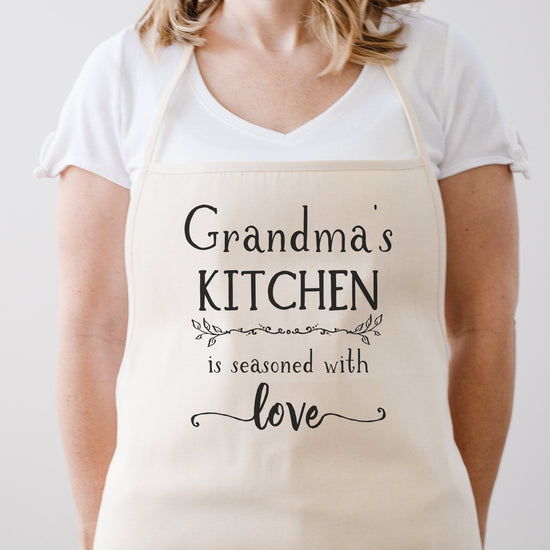 Load image into Gallery viewer, Kitchen Seasoned With Love Personalized Kitchen Apron | Grandparents Gift Idea | Gift For Mom | Mother&amp;#39;s Day| Vintage Farmhouse Cotton Apron
