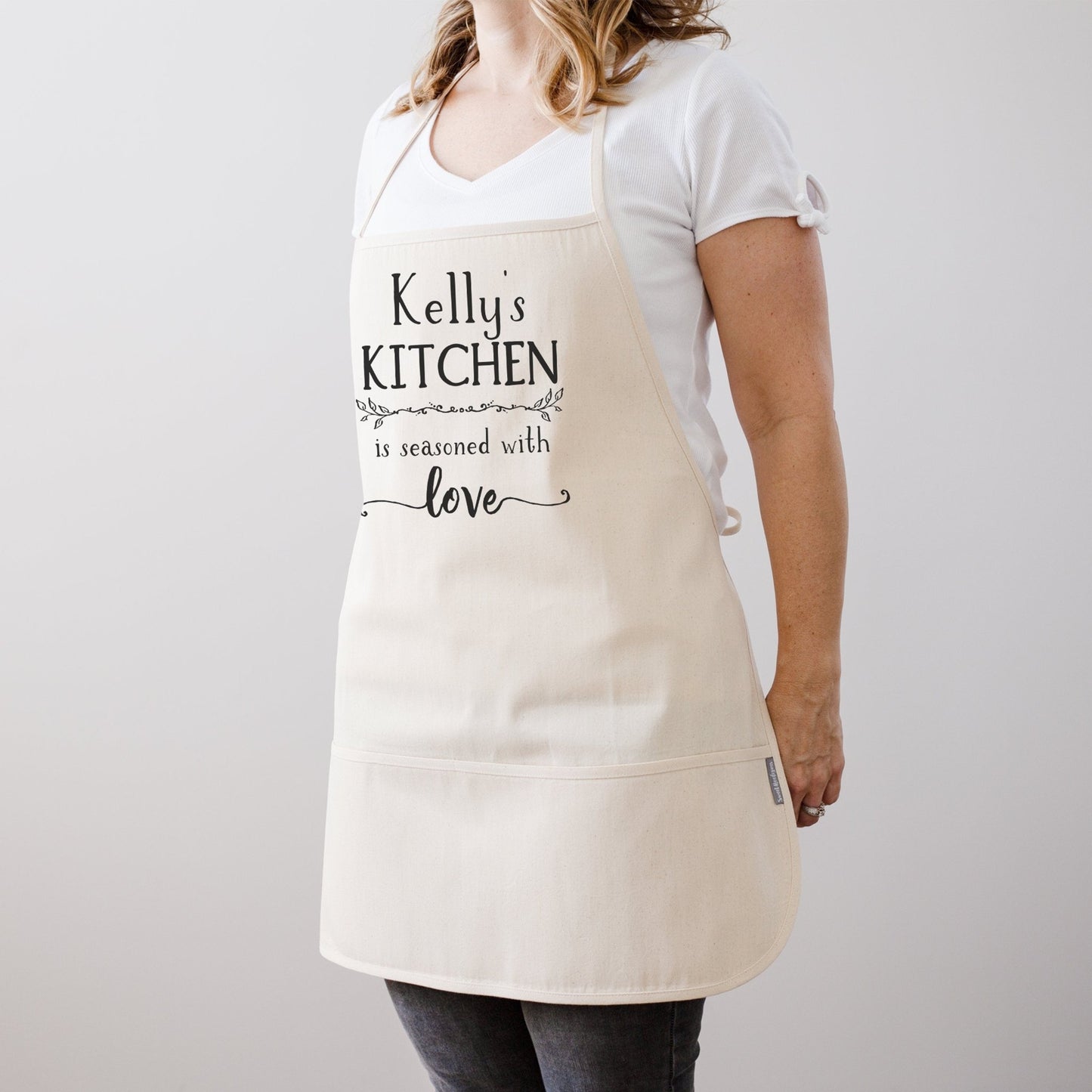 Kitchen Seasoned With Love Personalized Kitchen Apron | Housewarming Gift Idea | Gift For Mom | Sister's Day| Vintage Farmhouse Cotton Apron