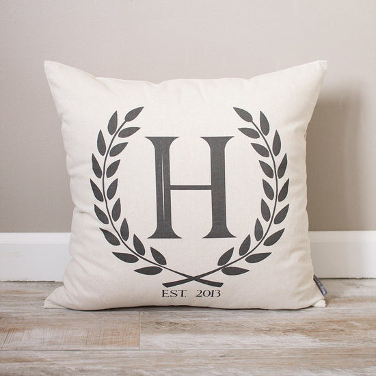 Load image into Gallery viewer, Laurel Wreath Custom Pillow | Housewarming Initial with Established Date | Home Decor for Couples Gift | Monogram Decorative Pillows Gift
