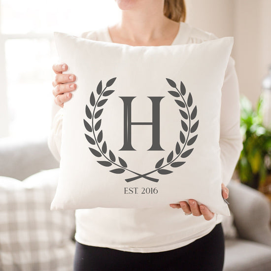 Load image into Gallery viewer, Laurel Wreath Custom Pillow | Housewarming Initial with Established Date | Home Decor for Couples Gift | Monogram Decorative Pillows Gift
