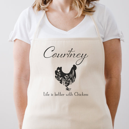 Load image into Gallery viewer, Life Is Better With Chickens Personalized Kitchen Apron | Chicken Lover Gift Idea | Custom Chicken Egg GatheringApron | Farmhouse Apron

