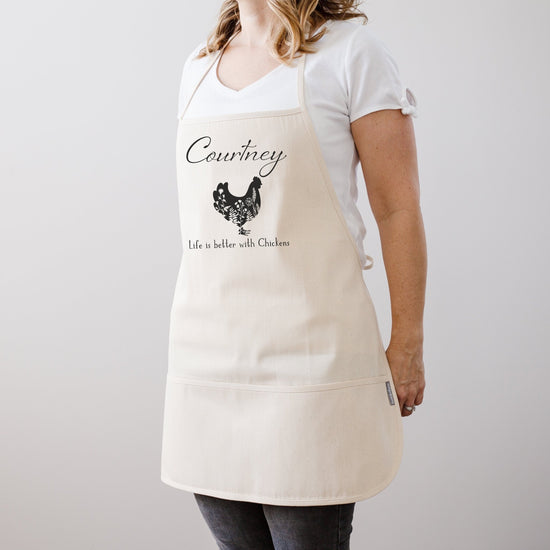 Load image into Gallery viewer, Life Is Better With Chickens Personalized Kitchen Apron | Chicken Lover Gift Idea | Custom Chicken Egg GatheringApron | Farmhouse Apron
