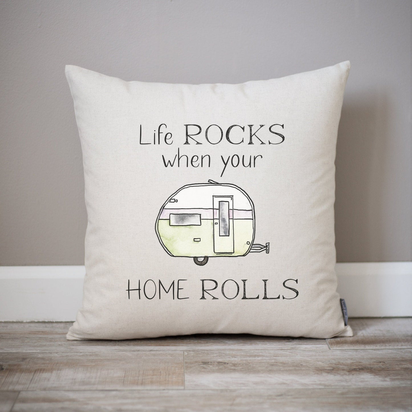 Load image into Gallery viewer, Life Rocks When Your Home Rolls Camper Pillow | Camper Gift Ideas | Camping Gift Personalized Fifth Wheel Camper RV Decor | Campsite Pillow
