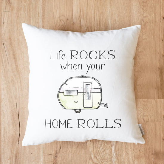 Life Rocks When Your Home Rolls Camper Pillow Camper Gift Ideas | Camping Gift Personalized Fifth Wheel Camper RV Decor | Campsite Pillow