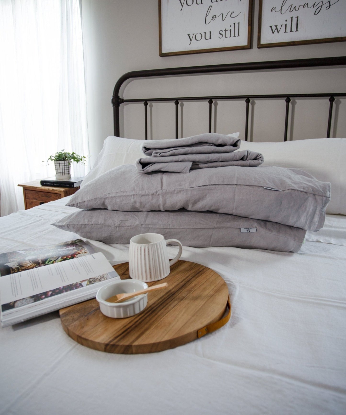 Linen Bedding Sheets Set in Light Grey Color | Natural King Queen Soft Linen Bedding Sheets | Farmhouse Bedding Home Bedroom Decor Linen Set
